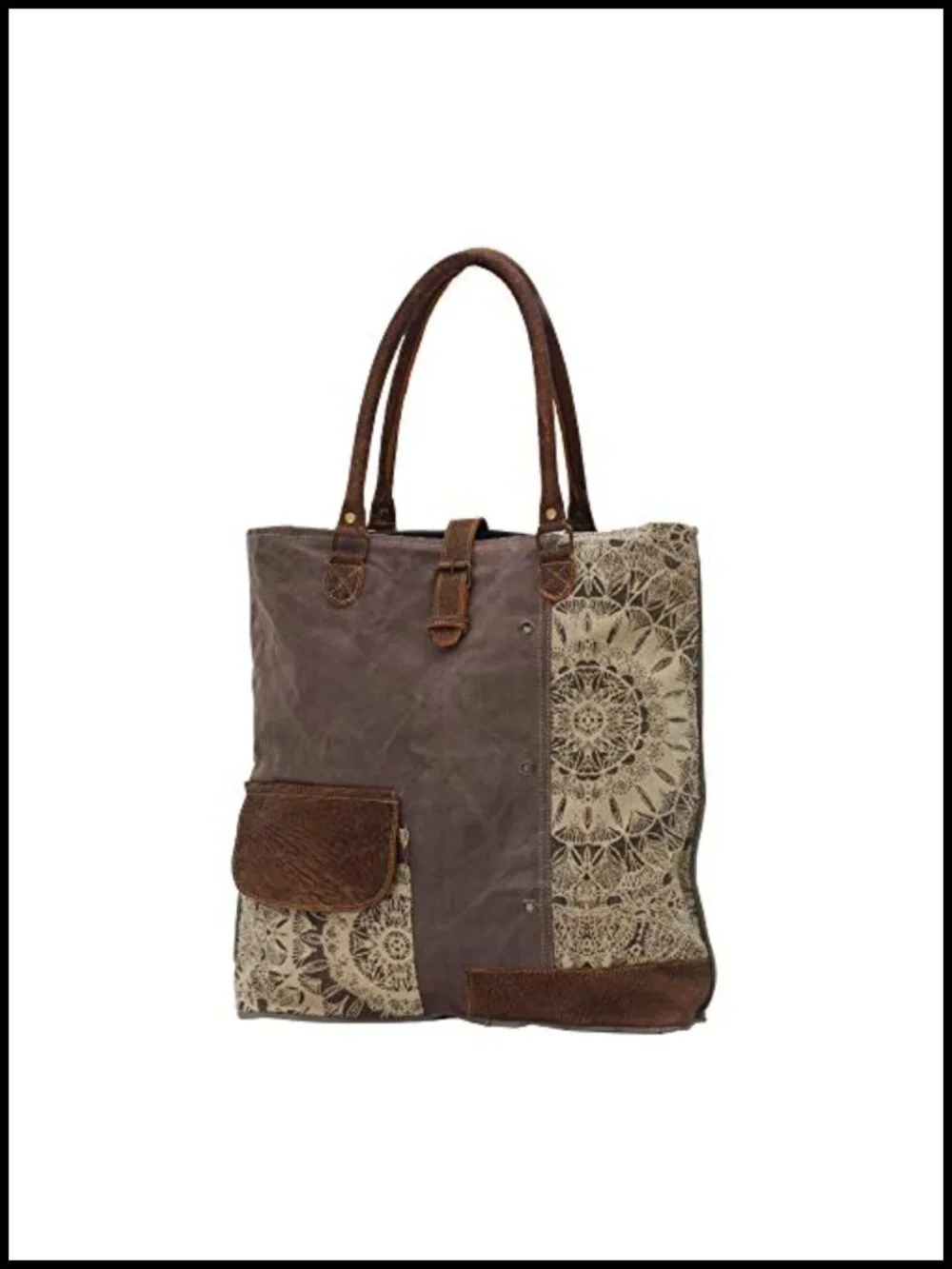 Canvas Boho Tote with Buffalo Leather Strap, Geometric Pattern